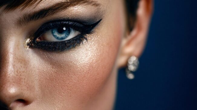 Gros plan sur un maquillage smoky eye festif pour le Nouvel An, longue tenue