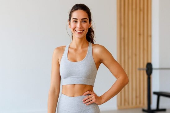 Femme souriante et athlétique, préparée pour un entraînement, fitness avant les fêtes.