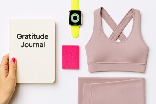 mood board motivation sportive hacks psychologiques, montre connectée, leggings pastel, fond blanc