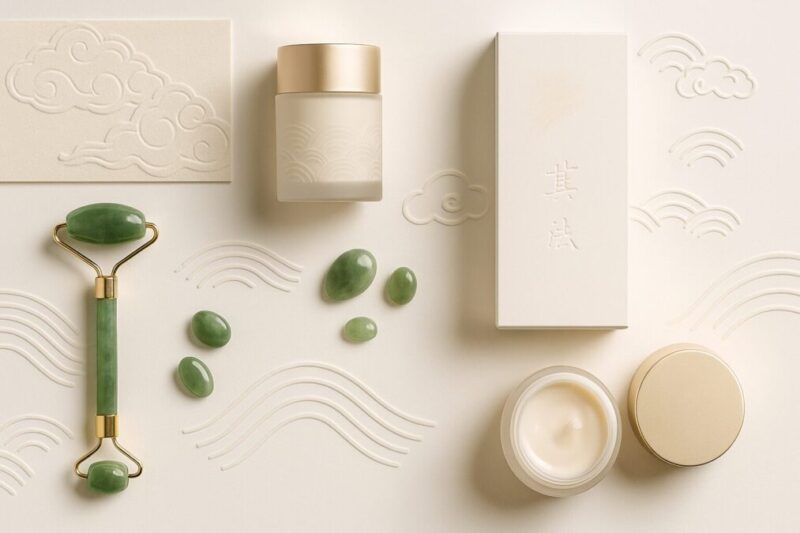 Packshots de marques C-beauty premium 2026 avec esthétique chinoise contemporaine