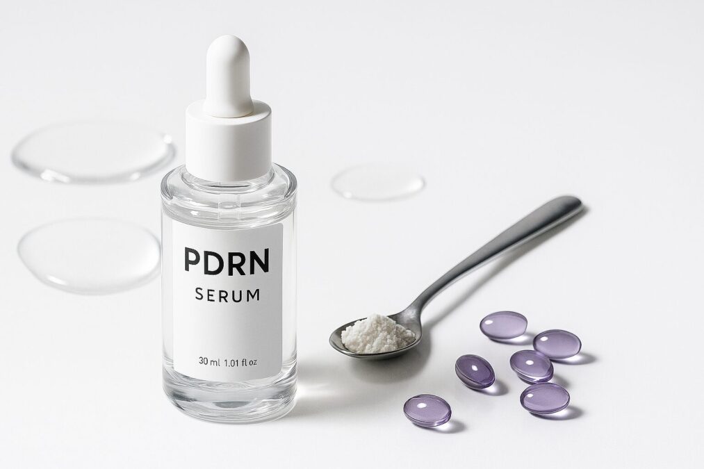 flacon de sérum K-beauty au PDRN posé à côté d’une petite cuillère de peptides et de capsules de bakuchiol